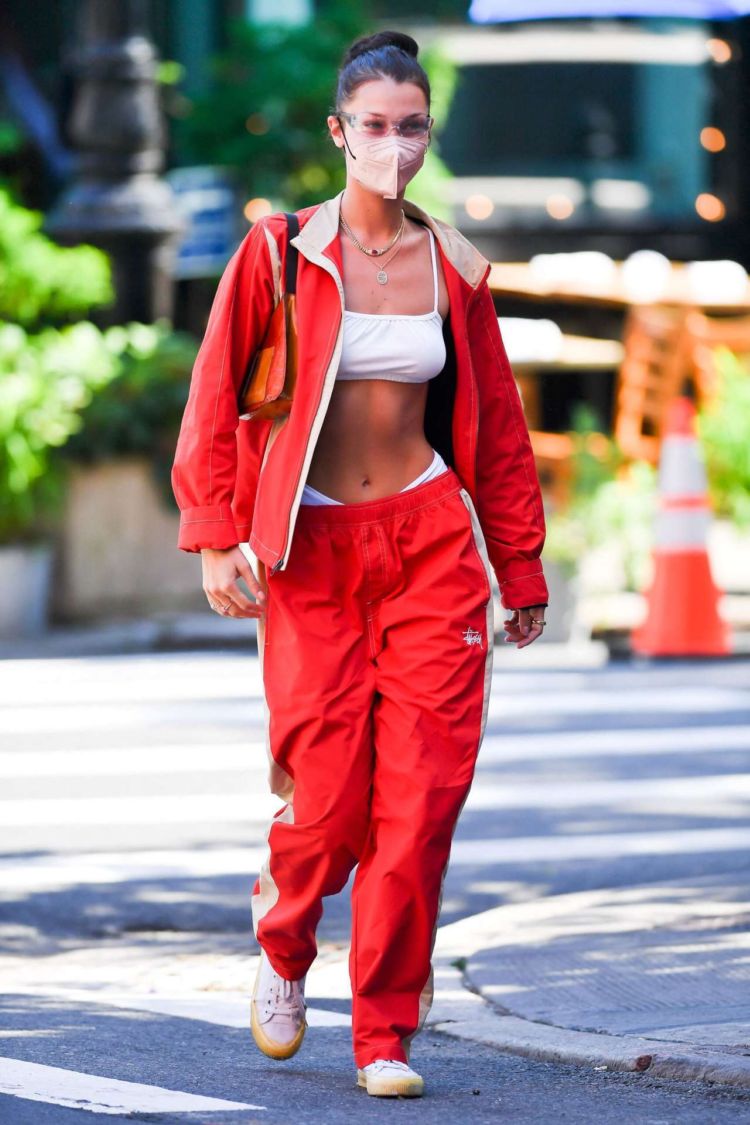 Bella Hadid In A Red Track Suit Out In New York City