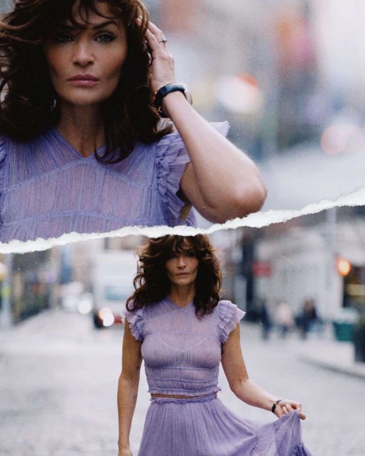 Helena Christensen Posing In A Purple Dress Out On The Street