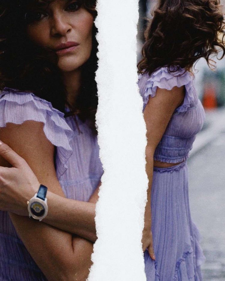 Helena Christensen Posing In A Purple Dress Out On The Street