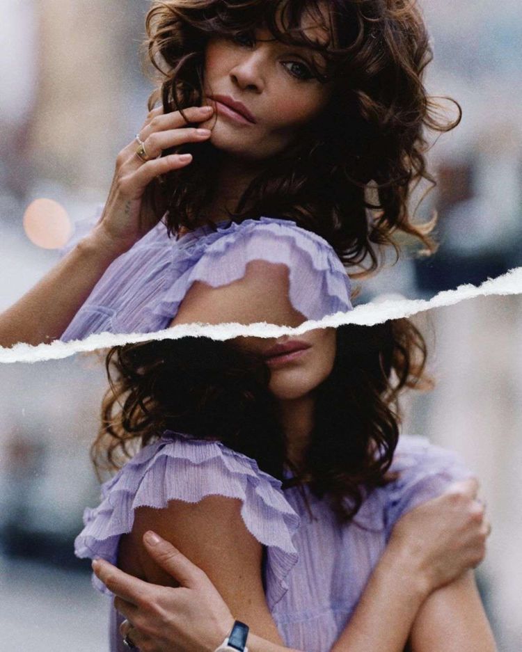 Helena Christensen Posing In A Purple Dress Out On The Street