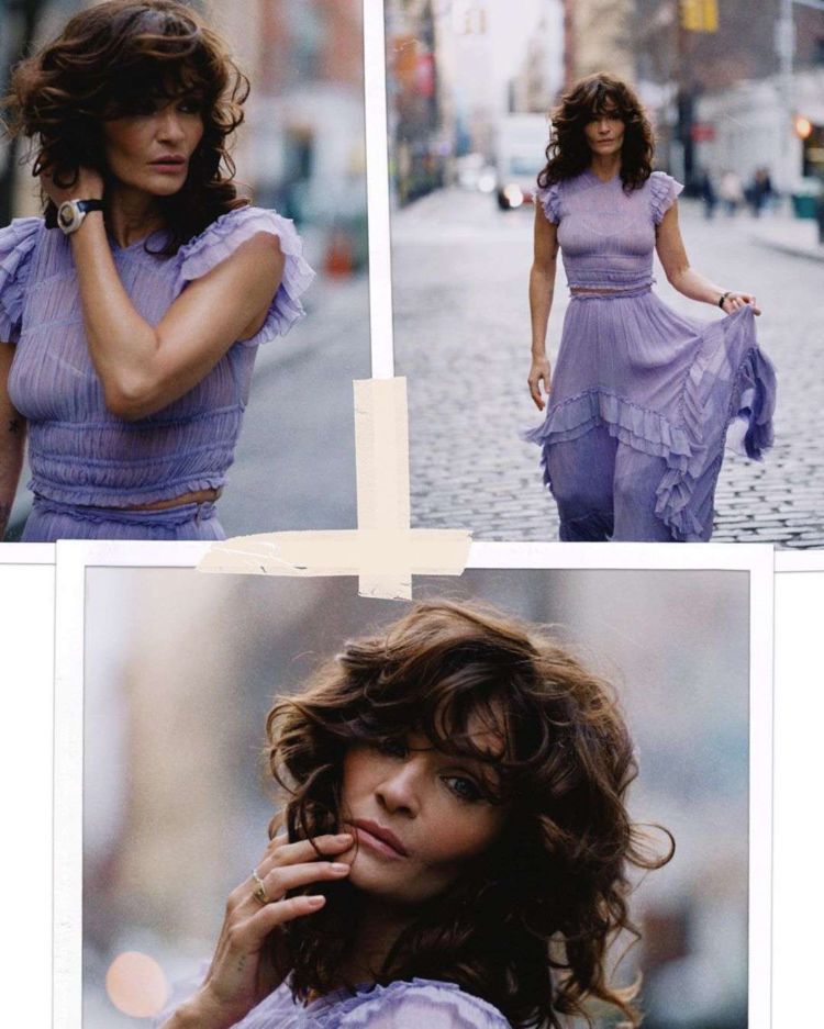 Helena Christensen Posing In A Purple Dress Out On The Street