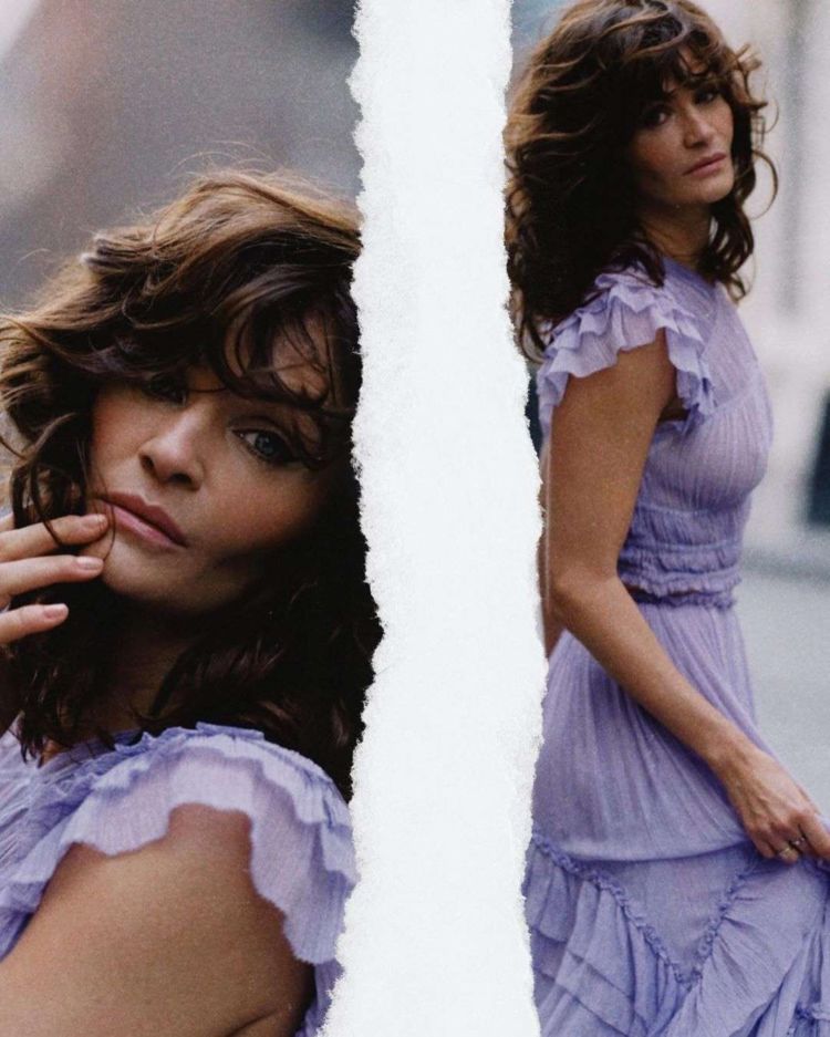 Helena Christensen Posing In A Purple Dress Out On The Street