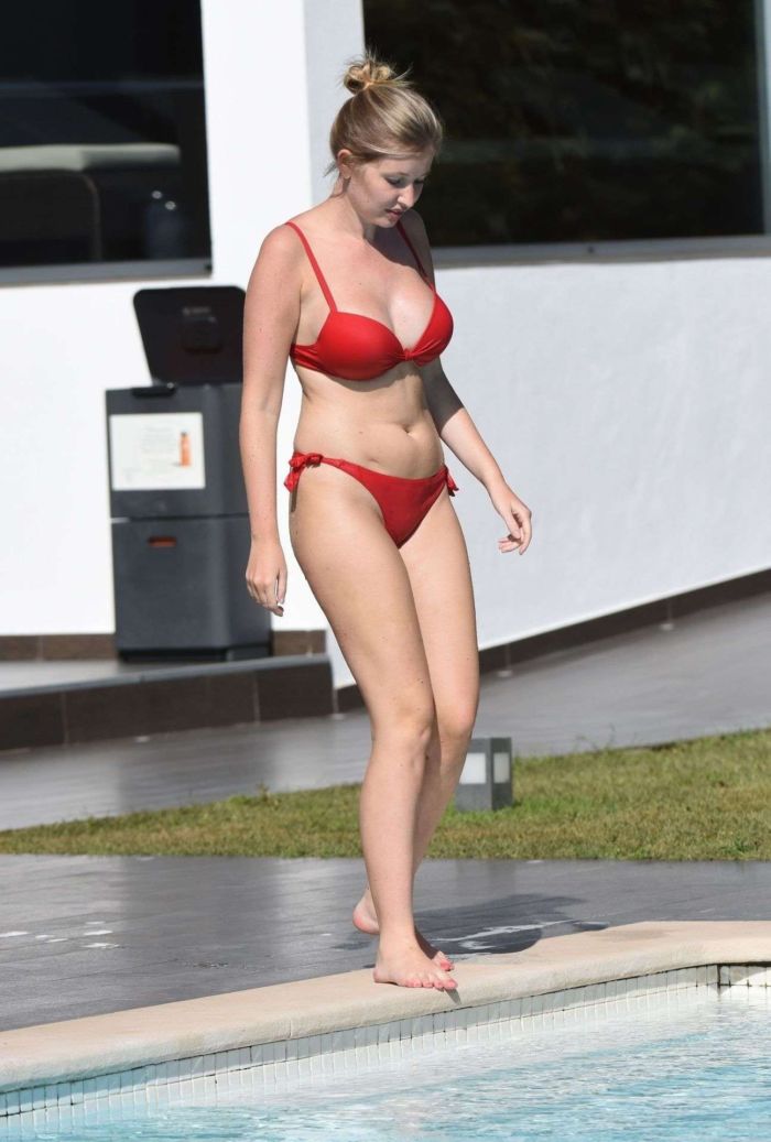 Amy Hart Soaking Up The Sun In Red Bikini At The Swimming Pool