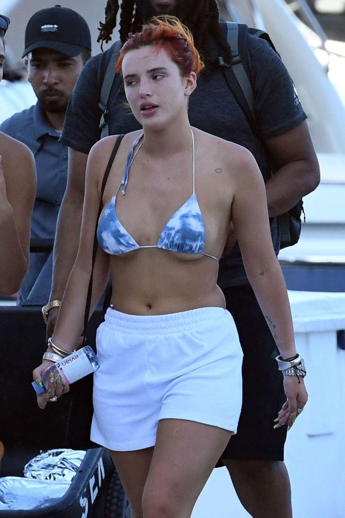 Bella Thorne In A Bikini Top Getting Off A Yacht In Miami