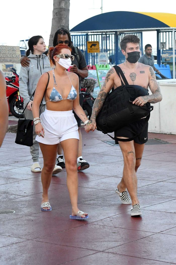 Bella Thorne In A Bikini Top Getting Off A Yacht In Miami