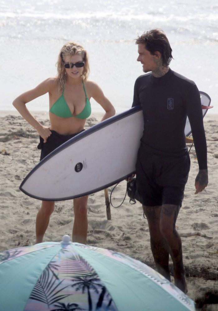 Charlotte McKinney Surfing In Bikini At The Beach In Los Angeles