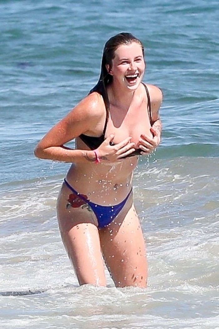 Ireland Baldwin Surfboarding In A Blue Bikini At The Beach In Malibu