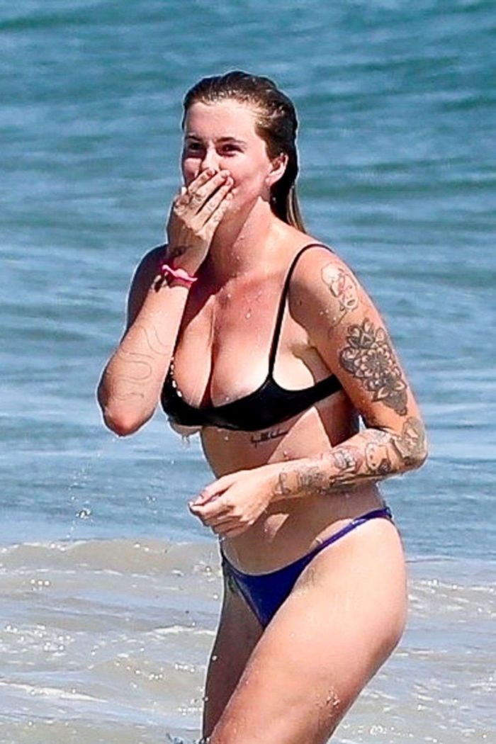 Ireland Baldwin Surfboarding In A Blue Bikini At The Beach In Malibu
