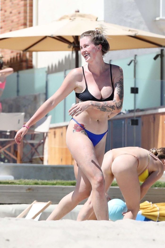 Ireland Baldwin Surfboarding In A Blue Bikini At The Beach In Malibu