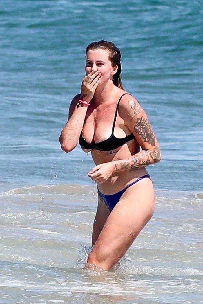 Ireland Baldwin Surfboarding In A Blue Bikini At The Beach In Malibu