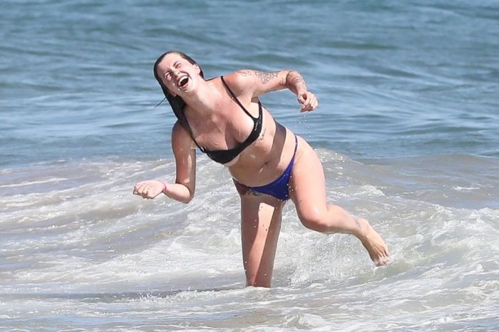 Ireland Baldwin Surfboarding In A Blue Bikini At The Beach In Malibu
