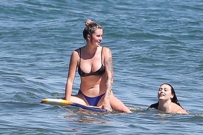 Ireland Baldwin Surfboarding In A Blue Bikini At The Beach In Malibu
