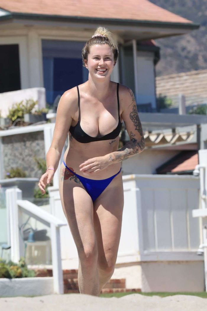 Ireland Baldwin Surfboarding In A Blue Bikini At The Beach In Malibu