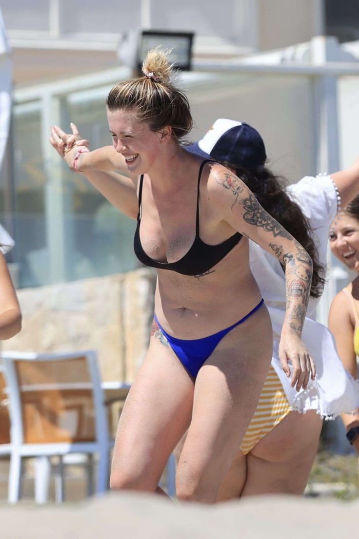 Ireland Baldwin Surfboarding In A Blue Bikini At The Beach In Malibu