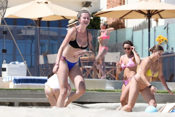 Ireland Baldwin Surfboarding In A Blue Bikini At The Beach In Malibu