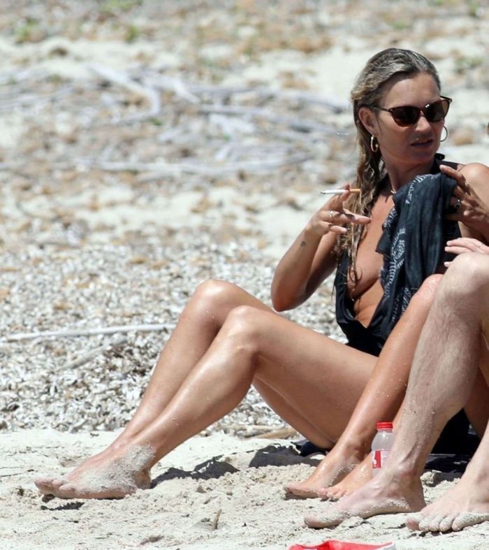 Kate Moss In A Black Swimsuit On The Beach In Formentera