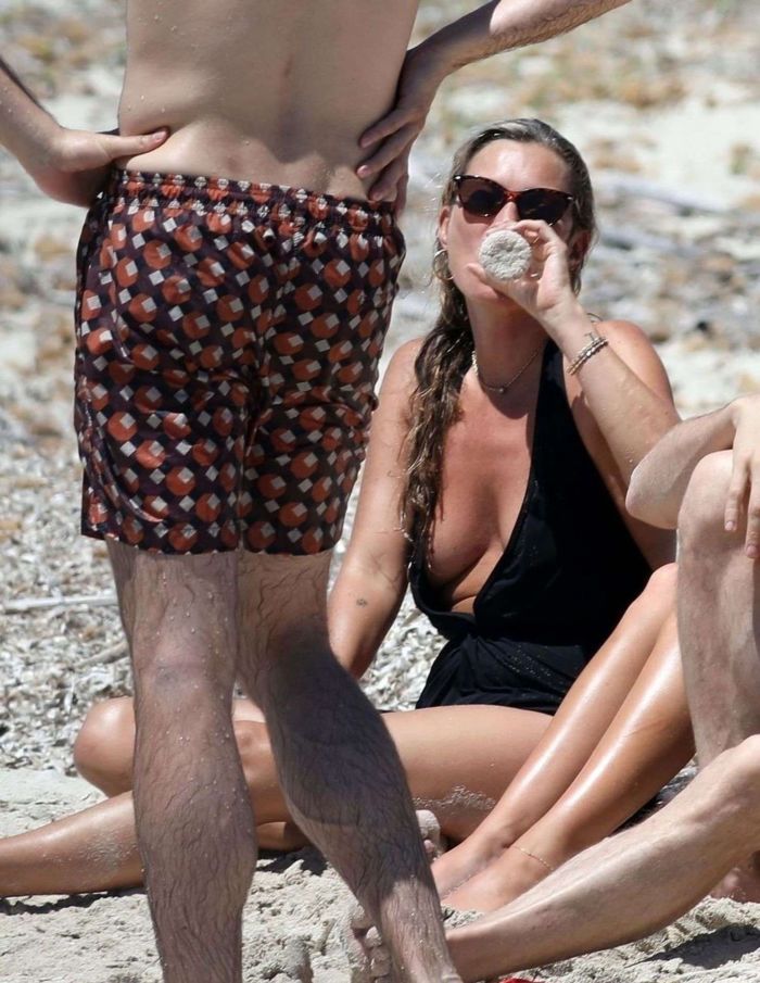 Kate Moss In A Black Swimsuit On The Beach In Formentera