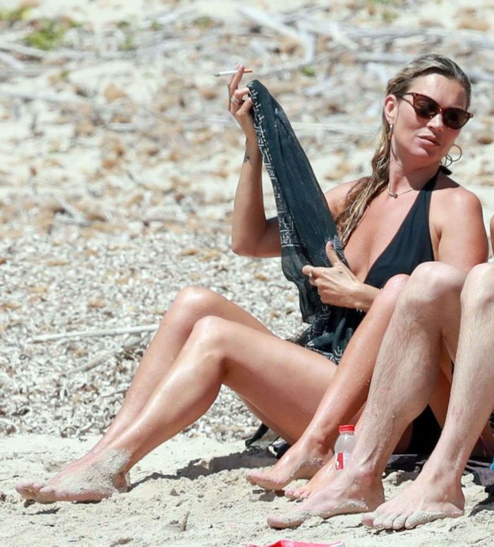 Kate Moss In A Black Swimsuit On The Beach In Formentera